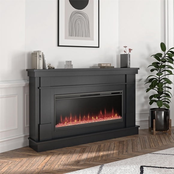 Novogratz Waverly Wide Mantel with Linear Electric Fireplace & Crystal Ember Bed, White Marble
