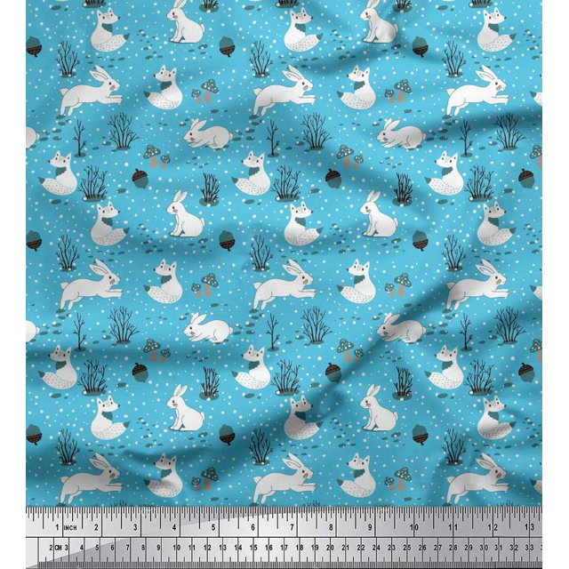 Soimoi Blue Poly Georgette Fabric Mushroom,Oaknut & Rabbit Animal Print Fabric by Yard 42 Inch Wide