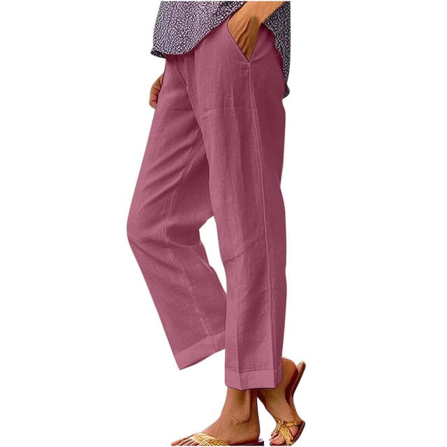 Dealovy Womens Cotton Linen Pants Plus Size Elastic High Waisted Solid Color Lightweight Summer Trousers