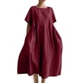 thumbnail image 1 of Robes Caftans en Coton et Lin pour Femmes Grande Taille à Manches Courtes Amples et Larges Robe Maxi Plissée à Volants Longue Robe Bordeaux, m, 1 of 3