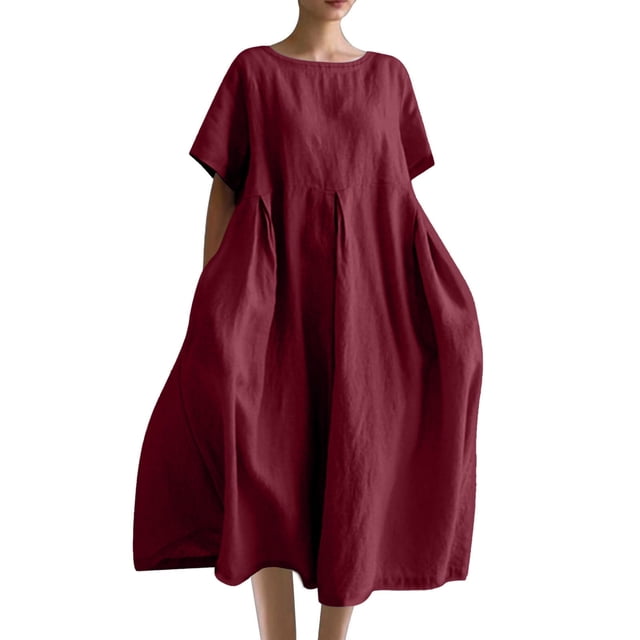 Robes Caftans en Coton et Lin pour Femmes Grande Taille à Manches Courtes Amples et Larges Robe Maxi Plissée à Volants Longue Robe Bordeaux, m