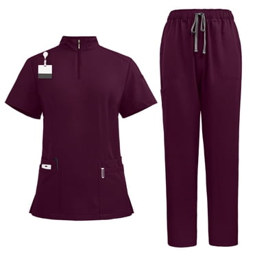 Bocqde Women's Scrub Set Classic Short Sleeve Zipper Stand Collar Top and Jogger Pants Nursing Uniform Scrubs for Women Set