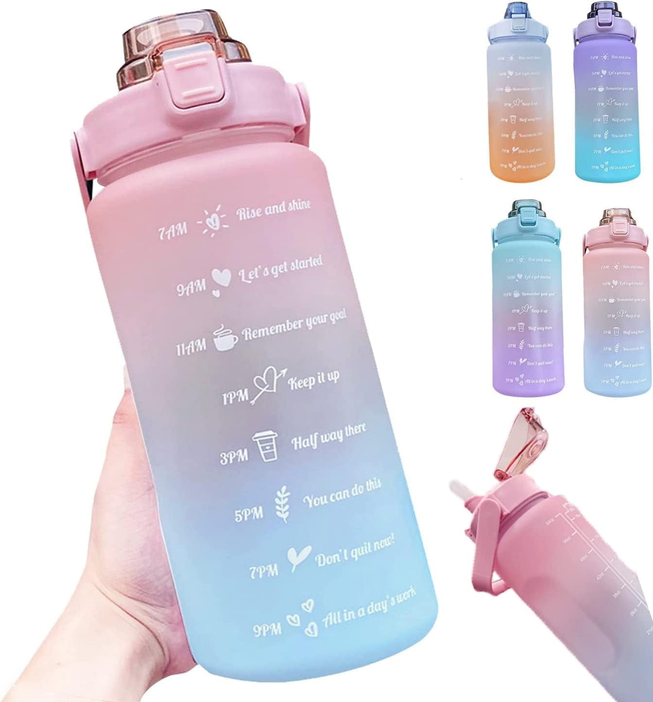 A 2-Liter water Bottle, 2L Bottle of water with a Straw, leak-proof Sportvattenflaska with Tidsmarkeringar, Great Motivational water Bottle to the gym, (C) Pink, Blue, 2 Litres