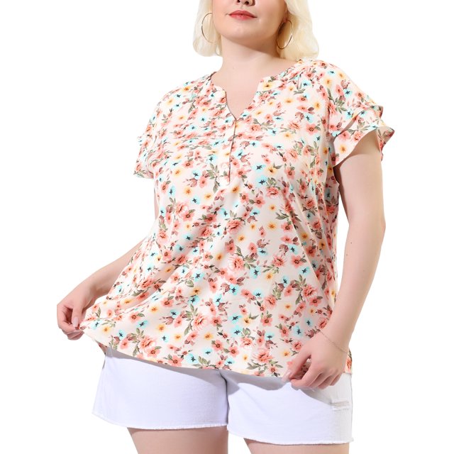 GRACE & GRANDEUR Hauts pour Femmes Grande Taille Rétro à Fleurs Col en V à Étages Manches Courtes Blouses 2X Rose