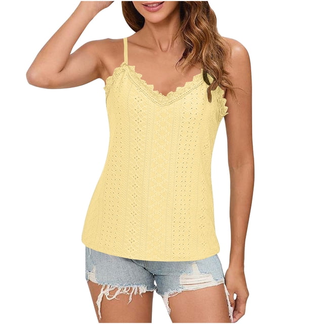 Timegard Débardeurs pour Femmes en Dentelle à Œillets Col en V Sans Manches Bretelles Spaghetti Camisole Ajustée Confortable Mode