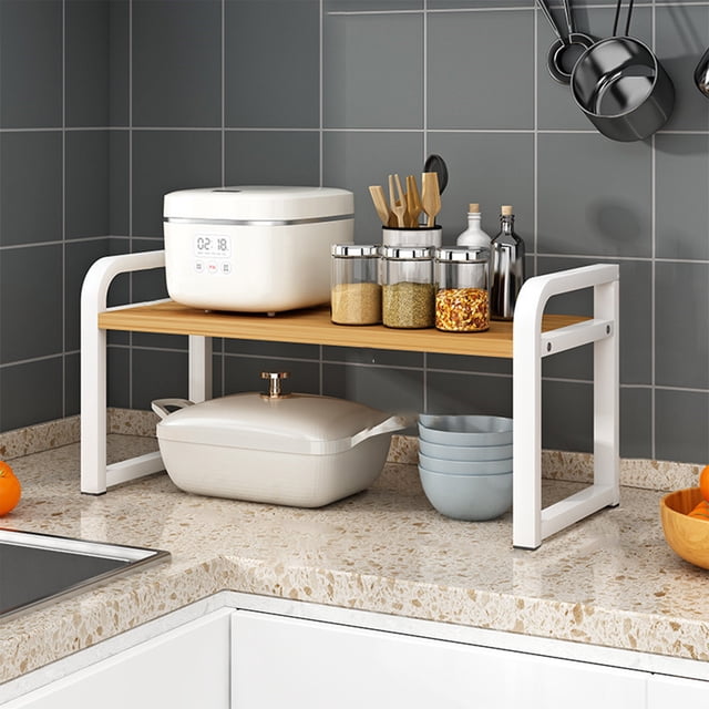 Kitchen Storage Rack for Dishes, Seasoning Bottles, and Cans | Countertop Organizer with Solid Wood and Metal Frame | Stable No-Slip Shelf for Kitchen, Bathroom, or Pantry