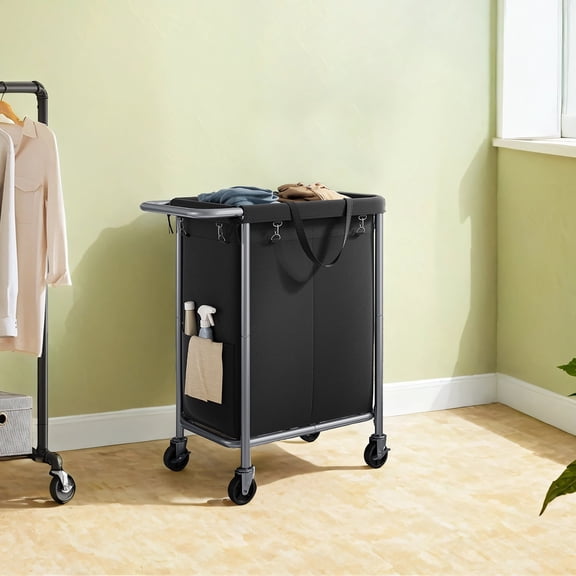 LEDREM Panier à Linge Roulant à 2 Sections avec Doublures Amovibles, Cadre en Acier, Roues et Freins, Capacité de 37 Gallons pour Couvertures et Vêtements, Noir Encre