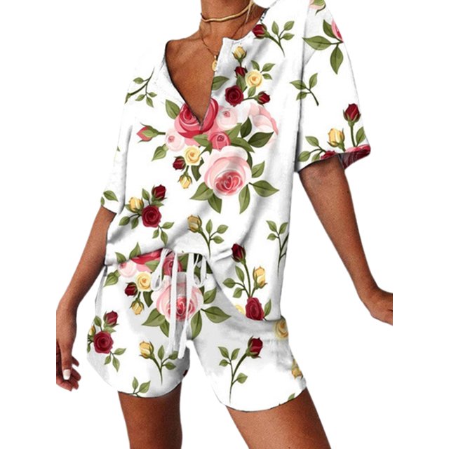 Innerwin Tenues Imprimé Marguerite Melon D\'eau Ensemble Détente Femme Col en V Décontracté Survêtement Rose 3TG
