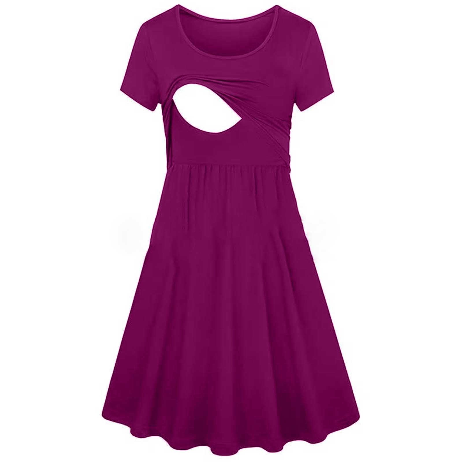 FAIWAD Robe de Maternité à Col Rond à Manches Courtes pour Allaitement, Robe d'Allaitement pour Femmes, Ample et Confortable, Ligne A, Robes de Grossesse