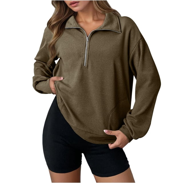 Erwazi Womens Half Zip Pullover Top Waffle Long Sleeve Lapel Functional Pocket Work To Weekend Versatile Blouses