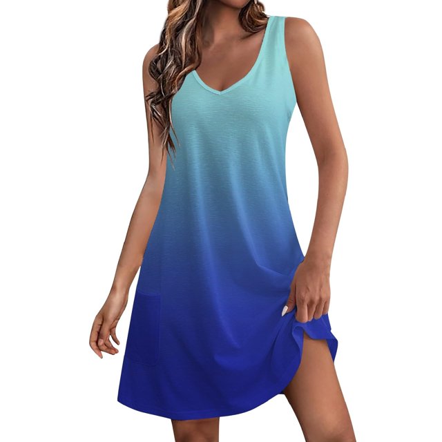 Robes pour Femmes Dames Mode Dégradé Été Dames Imprimé Poche Sans Manches Robe à Col en V. la Robe Présente un design Dégradé Transition de l'Aqua Clair au Bleu Foncé, une Coupe Sans Manches et un Col en V. Fabriquée en polyester Léger, Elle Comprend des Poches Latérales et une Coupe Décontractée, Convient aux occasions Décontractées, Quotidiennes Ou d'Été. Offerte en Tailles P à TTG.