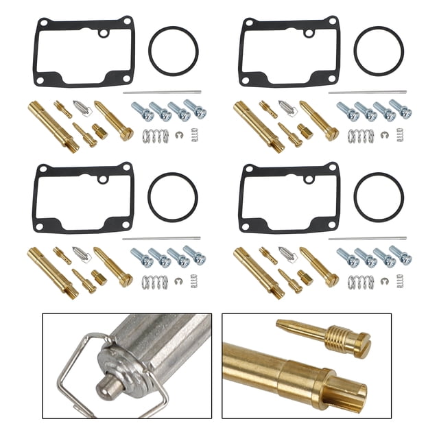 Kit de Réparation de Reconstruction de Carburateur 4X Compatible avec MIKUNI VM34-619 Russian Mechanics RMZ-640. l'Image Affiche Quatre Ensembles de kits de Réparation, Chacun Contenant des Joints, des Joints Toriques, des Gicleurs en Laiton, des Vis, des Ressorts et d'Autres Composants Essentiels. Spécialement Conçu pour MIKUNI VM34-619 et Russian Mechanics RMZ-640 Carburateurs, Assurant la Durabilité et un Ajustement Précis. Détails Gros Plan Mettent en Valeur la Qualité des Pièces en Laiton
