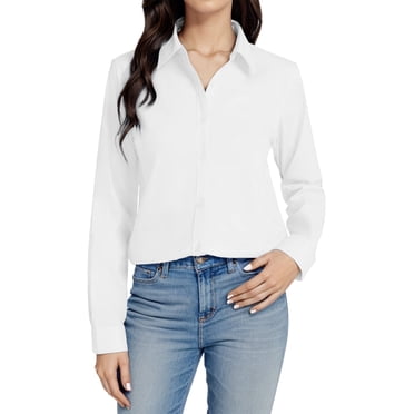 Hiiyo Women's Long Sleeve Dress Shirt Solid Color Formal Button Up Shirt, White 4L