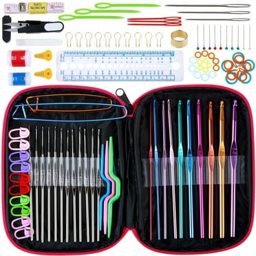 100PCS Rose Red Leather Sheath Aluminium Oxide Crochet Hook Suit 22 Metal Crochet Hook Weaving