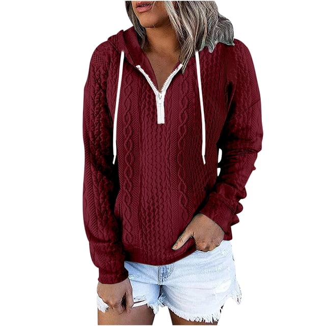 Besolor Womens Fall Fashion Quarter Zip Hoodies Sweatshirts Casual Long Sleeve Solid Color V Neck Drawstring Pullover Tops