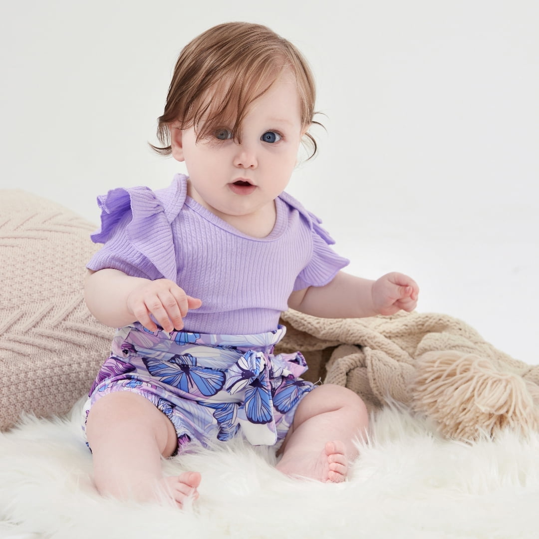 PatPat 3pcs Baby Girl Ribbed Romper & Belted Shorts & Headband Set, 12-18 Months