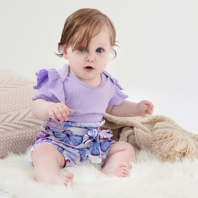 PatPat 3pcs Baby Girl Ribbed Romper & Belted Shorts & Headband Set, 6-9 Months