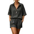 thumbnail image 3 of Cutuo Two Piece Sets for Women Summer Matching Sets, Solid Color Collared V Neck Short Sleeve Button Down Shirt Top and Drawstring Waist Shorts Casual Outfits, 3 of 9