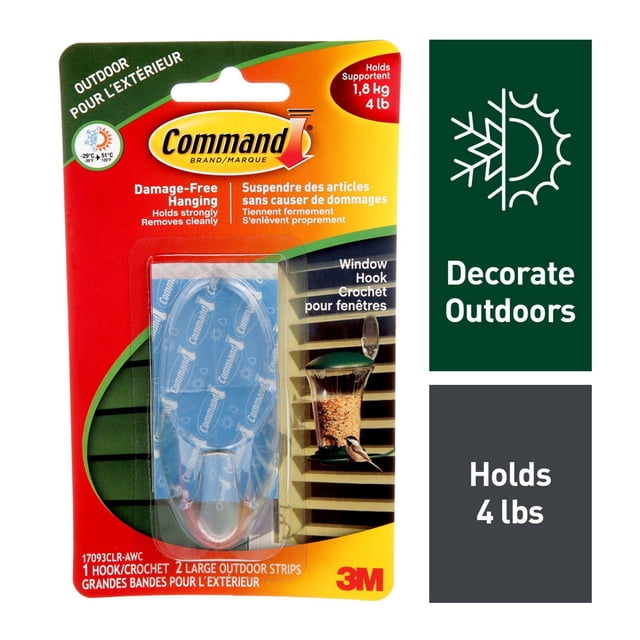 Command® Outdoor Clear Window Hook 17093CLR-AWC, large clear plastic hook with two blue all-weather adhesive strips, holds up to 4 lb (1.8 kg), designed for damage-free hanging on outdoor windows, weather-resistant and UV-proof, suitable for hanging wreaths or seasonal decorations.