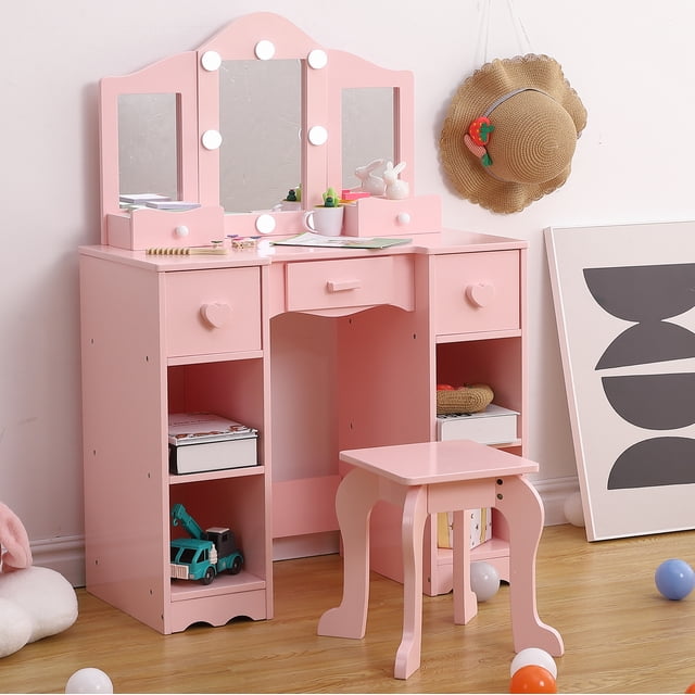Zzistar Kids Vanity Table Set with Light, Tri-Folding Mirror, 5 Drawers and Square Stool, Wood Makeup Desk Dressing Table with Open Storage Shelves and Detachable Top