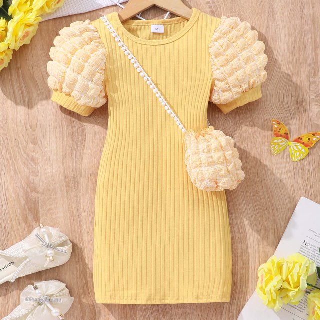 RXIRUCGD Robe Sac à Bulles Légère à Manches Courtes à Col Rond de Couleur Unie pour Petites et Moyennes Filles ( Jaune, Taille : 5 Ans )
