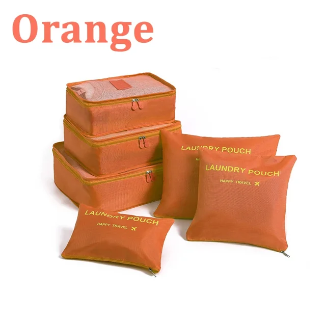 6pcs Set Travel Storage Bags Suitcase Packing Set Storage Cases Portable Luggage Organizer Clothes Shoe Foldable Organizer Orange