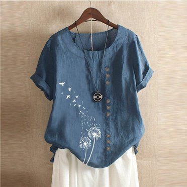 AMERTEER T-Shirt Blouse à Manches Courtes pour Femmes Grande Taille en Coton et Lin à Col Rond Imprimé, Veuillez Acheter une Ou Deux Tailles Plus Grandes