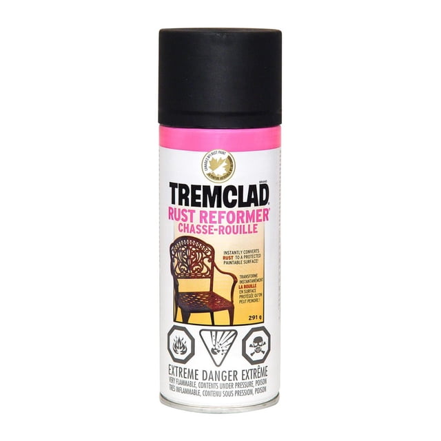 Tremclad Rust Reformer aerosol spray paint, flat black, 291 g, formulated to convert rust to a protected, paintable surface without wire brushing, featuring a black cap and safety icons, suitable for rust spray paint and rust protection tasks.