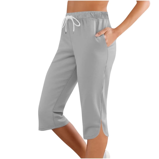 Timegard Capris Pants for Women Elastic Waist Drawstring Solid Color Casual Comfy Workout Cropped Pants