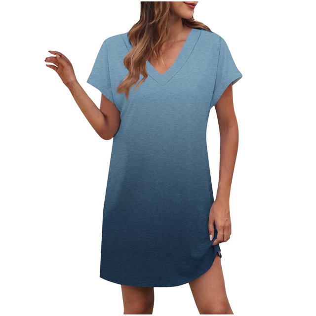 LOVZFMLL Robes d'Été pour Femmes Décontractées Amples T-Shirt Robe Droite Col en V Manches Courtes à Revers Uni Basique Tenues Quotidiennes Bleu Pâle TG