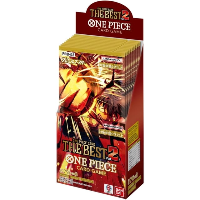 One Piece Card Game The Best Vol.2 (PRB-02) Booster Box containing 10 packs of Japanese trading cards by Bandai Hobby. Each booster pack includes 10 cards, perfect for anime trading card collectors and enthusiasts. The box features bold anime artwork with fiery red and yellow tones, highlighting dynamic character designs.