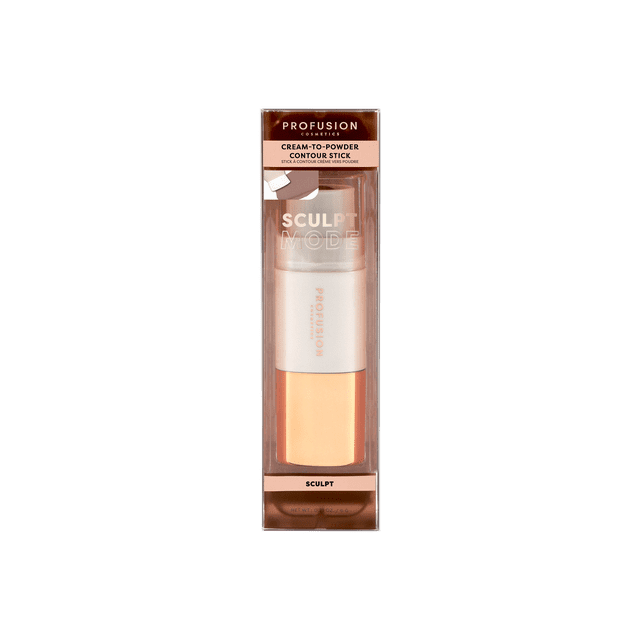 Profusion Cosmetics | Sculpt Mode Cream Contour Stick, Sculpted, 1 count, 0.21 oz front-facing view of one cream contour stick with exposed angled tip in a medium brown shade; buildable, creamy formula with jojoba oil and vitamin E for precision contouring of cheekbones, jawline and nose, often used as a cream eyeshadow base.