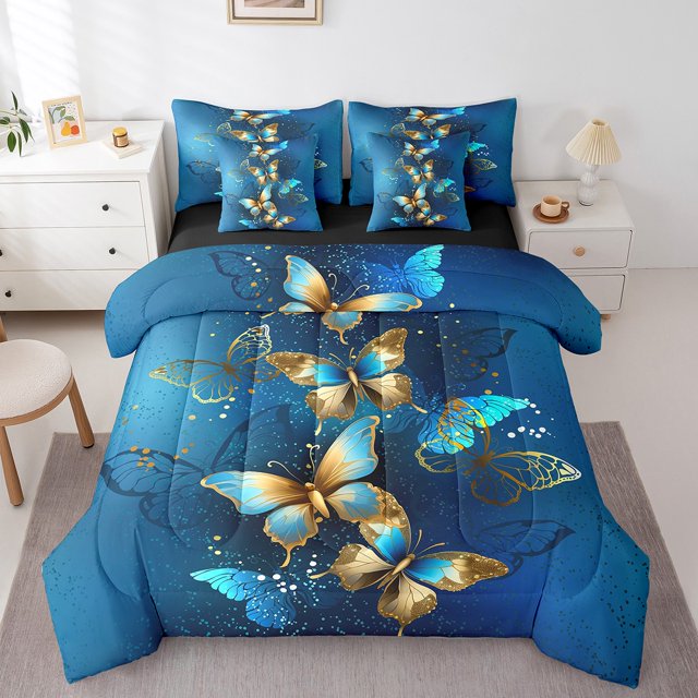 YST Butterfly 7-Piece Comforter Set, Chic Animal Bedding, Blue and Gold, Floral Patterns, Full