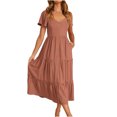 thumbnail image 1 of Robes d'Été Grande Taille pour Femmes 2024 Décontractées à Manches Courtes, Boutonnées, Col en V, à Étages, Ligne A, Fluides, Robe Midi de Plage avec Poches, Économisez jusqu'à 65 % de Rabais!, 1 of 5