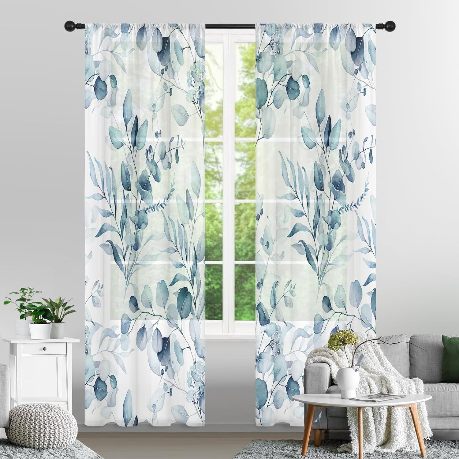Plant Leaves Sheer Curtains 84 Inches Long 2 Panels, Blue Semi Sheer Curtains Light Filtering, Spring Summer Soft Textured Drapes for Bedroom Living Room Dining Room Window, 52" X 84"