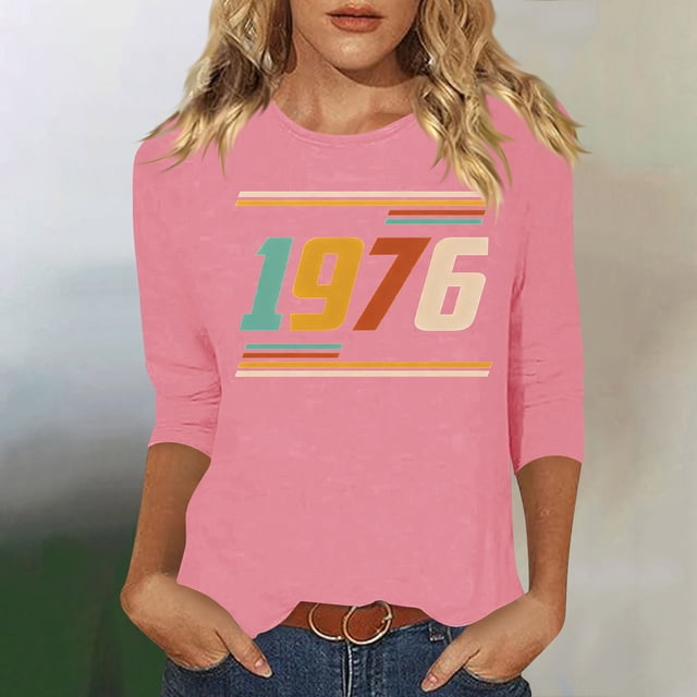 Uootdi Hauts pour Femmes Manches 3/4 Col Ras du Cou Imprimé Palmier Coucher de Soleil 1976 Coupe Décontractée T-Shirts Rétro Plage Vacances Cadeau