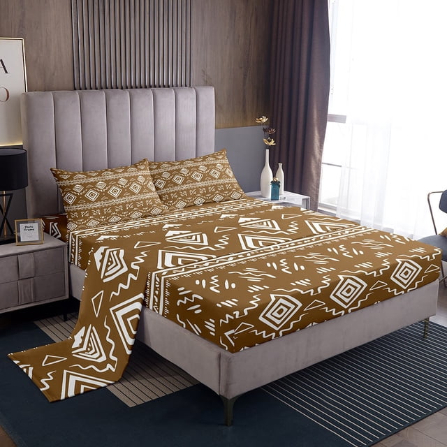 Erosebridal Bohemian Aztec Sheet Set King, Tribal Geometric Pattern Bedding Sets King Size, Brown 4pcs