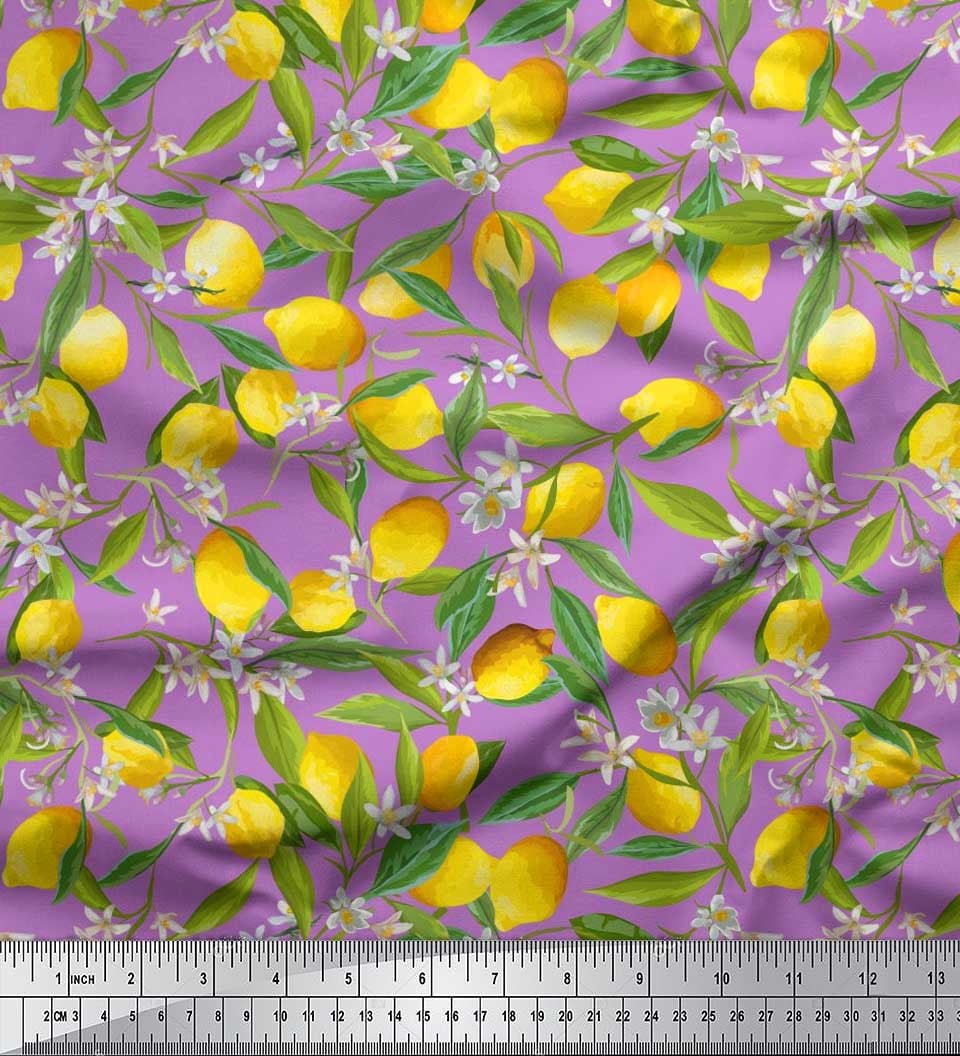 Soimoi Poly Georgette Fabric Leaves,Floral & Lemon Vegetable Printed Fabric 1 Yard 42 Inch Wide