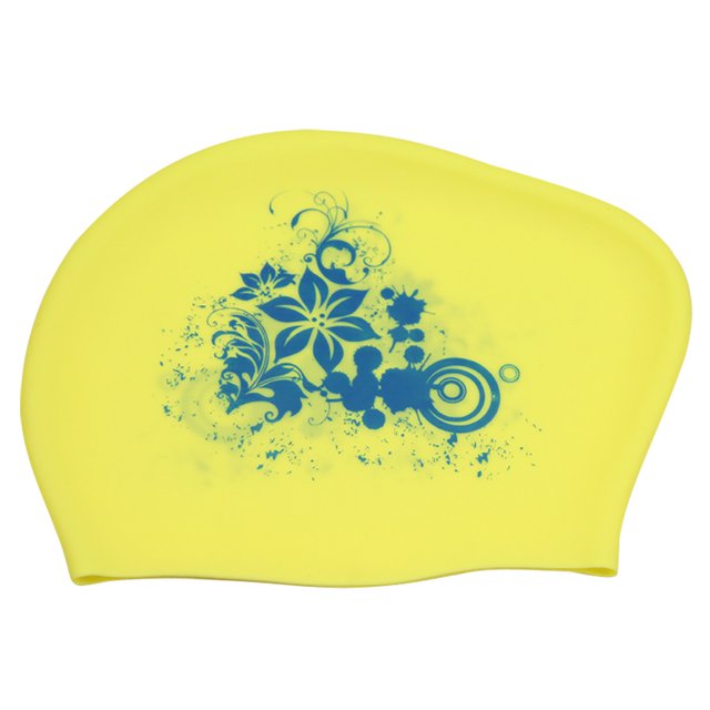 WIFKLSIIPG Bonnet de Bain Imperméable en Silicone pour Adultes aux Cheveux Longs Femmes. un Bonnet de Bain en Silicone Jaune Conçu pour les Adultes aux Cheveux Longs, avec un Motif floral Bleu et Abstrait. Fabriqué en Silicone de Haute Qualité, Offre une Excellente Élasticité, une Résistance aux Déchirures et un Ajustement Confortable. Léger et Facile à Porter, Il Est Livré dans un Emballage à Fermeture Éclair pour Plus de Commodité.