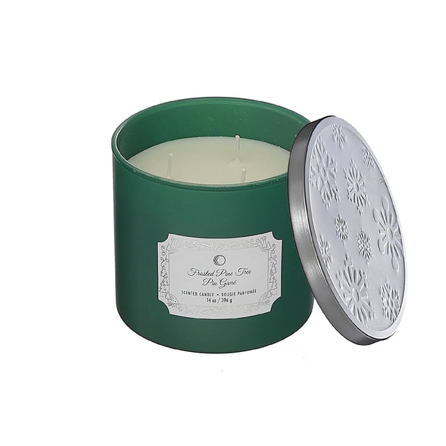 Christmas 14Oz 3 Wick Jar Candle Frosted Pine Tree in a green frosted glass jar with three cotton wicks and a silver lid embossed with snowflakes, suitable for indoor Christmas decoration and adding a cozy festive scent.