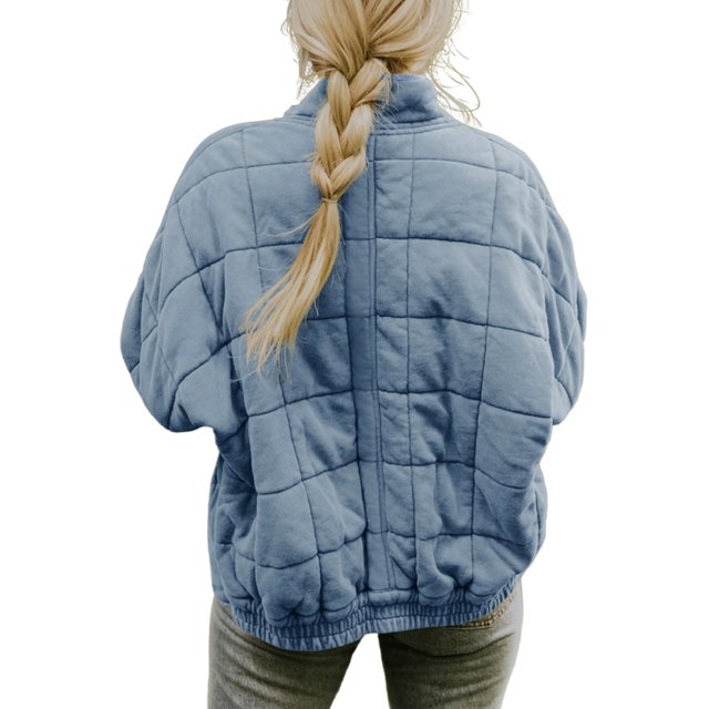 Opperiaya Women Stand Collar Long Sleeve Solid Color Full Zip Quilted Jackets