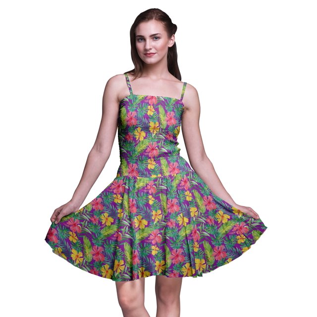 Bimba Robe Soleil Mini à Bretelles Spaghetti pour Femmes, Haut à Taille Smockée Imprimé Floral - Très Petit