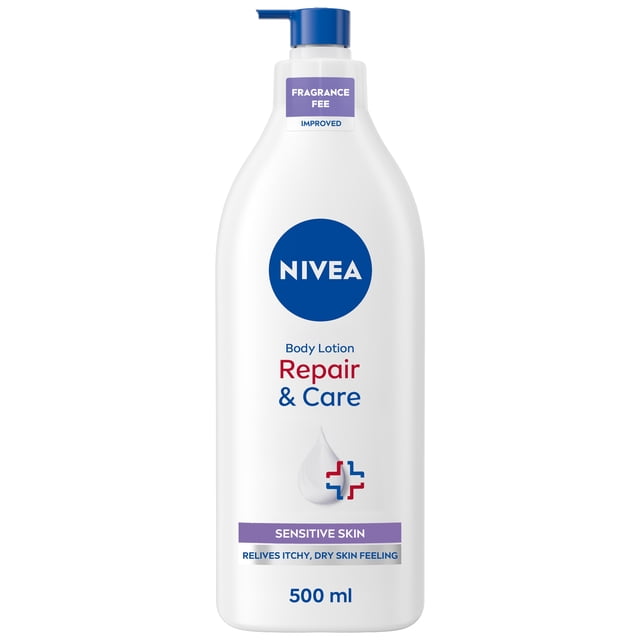 NIVEA Repair & Care Fragrance Free Body Lotion for Very Dry, Itchy Skin, 500 mL white plastic pump bottle with blue dispenser, formulated for sensitive skin to relieve dry, itchy skin with 72-hour moisture and skin barrier support, packaged in 50% recycled plastic.