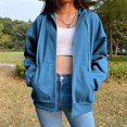thumbnail image 3 of Veste à Capuche Zippée pour Femme en Mélange de Coton Uni, Coupe Ample, Bleu, TG, 3 of 7