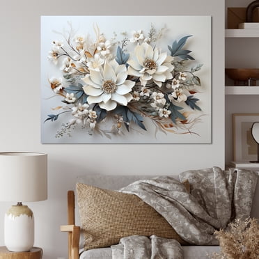 Designart Beige Canvas wall art, Seasonal Flowers Wall Art, Wintery Floral Charm , Seasonal Flowers Wall art decor, 20x12 inches
