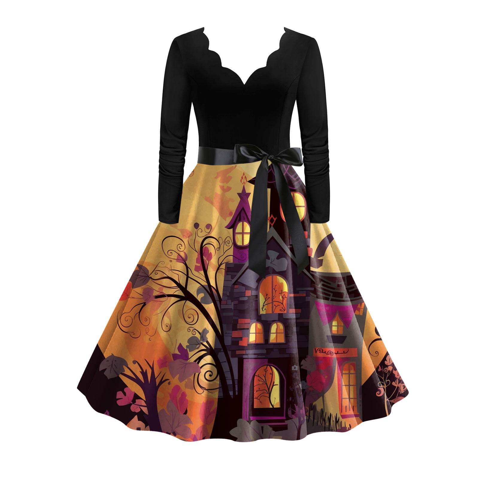 TIMIFIS Robe Midi pour Femme à Manches Longues, Imprimé d'Halloween, Cosplay, Fête, Coupe Évasée A-Line, Robes Vintage d'Halloween, Horreur, Citrouille Imprimée, Robe de Fête et de Bal Automne/hiver