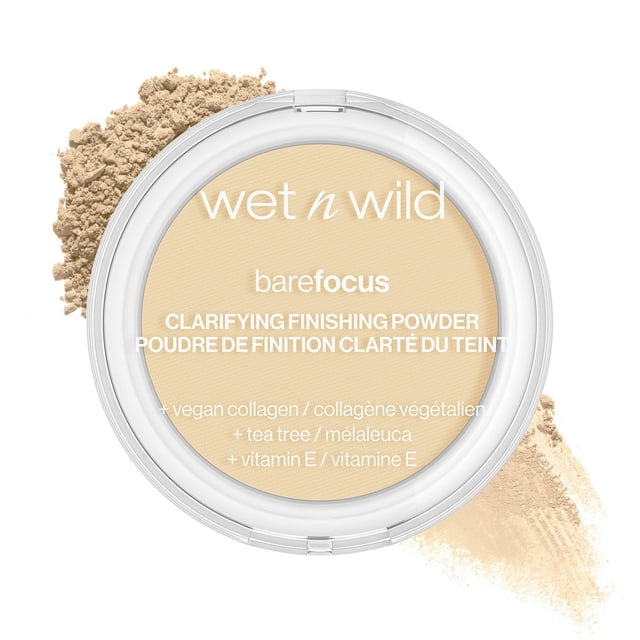 Bare Focus Clarifying Finishing Powder by wet n wild, a round compact with clear lid showing light beige powder, enriched with vegan collagen, tea tree, and vitamin E to set makeup with a matte finish while clarifying and refining skin.