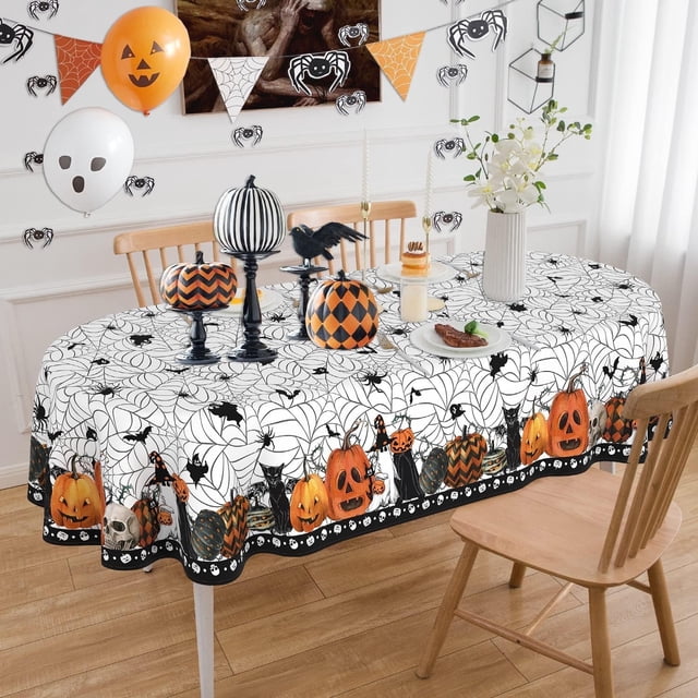 Oval Halloween Tablecloth 52 x 70 Inch, Halloween Spider Web Tablecloth Oval, Halloween Table Cloths Oval, Halloween Oval Table Cloth Decor