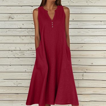 Meichang Robes Sans Manches en Coton et Lin pour Femmes, Unies, à Boutons, Col en V, Robes Midi, Grande Taille, Coupe Ample, Robes d'Été avec Poches, Longues Robes Décontractées