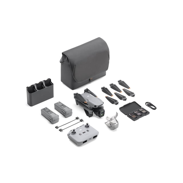 DJI Air 3S Fly More Combo (DJI RC-N3) with folded gray dual-camera drone, gray remote controller, two batteries, triple charging hub, six propellers, ND filter set, USB cables, and carrying bag, designed for 4K HDR video and advanced obstacle sensing.
